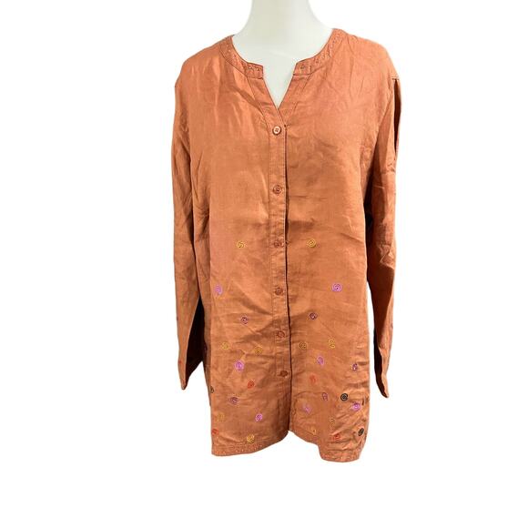 Carole Little Tops - Carole Little Woman Linen Shirt Burnt Orange 1X Embroidered Beaded Button down